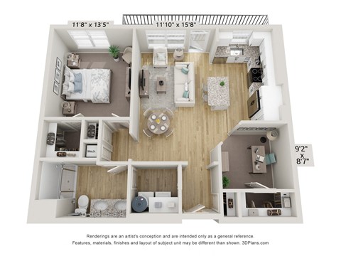 Floor plan for 1 bed, 1 bath, 893 sqft